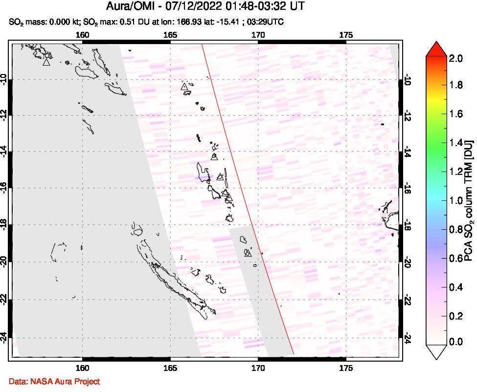 A sulfur dioxide image over Vanuatu, South Pacific on Jul 12, 2022.