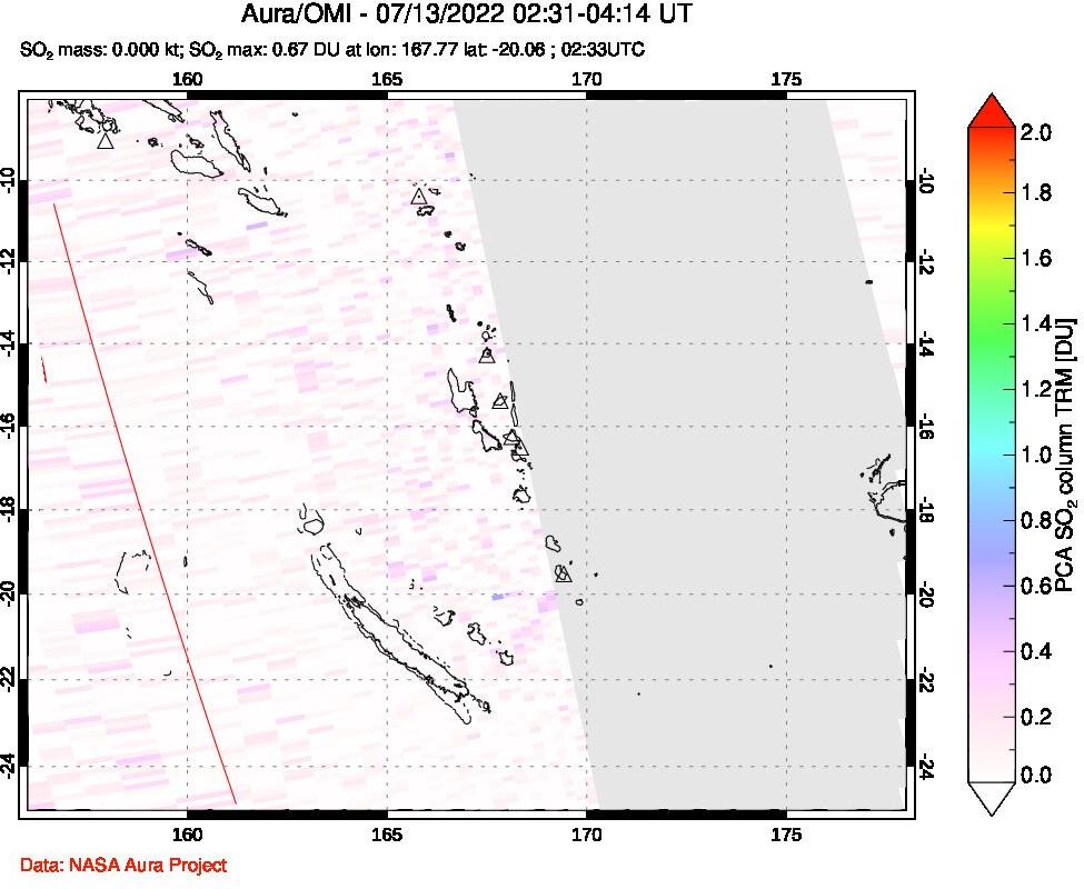 A sulfur dioxide image over Vanuatu, South Pacific on Jul 13, 2022.