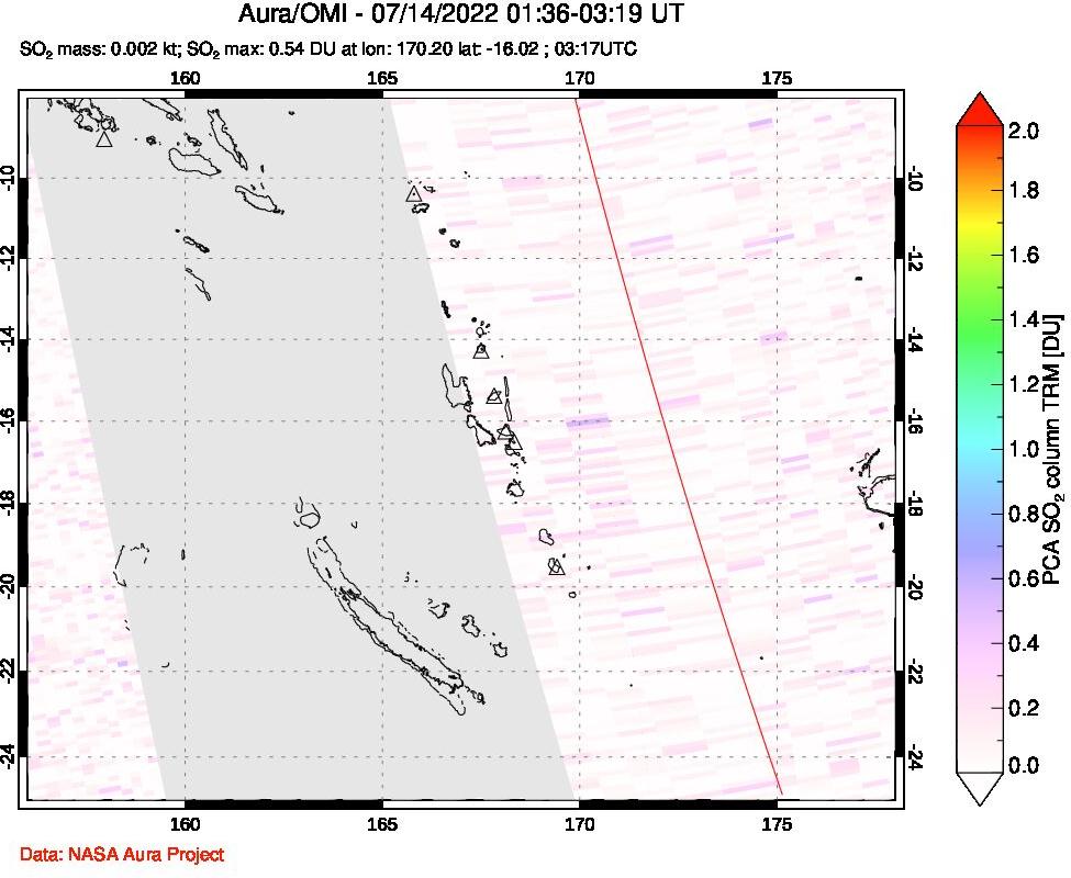 A sulfur dioxide image over Vanuatu, South Pacific on Jul 14, 2022.