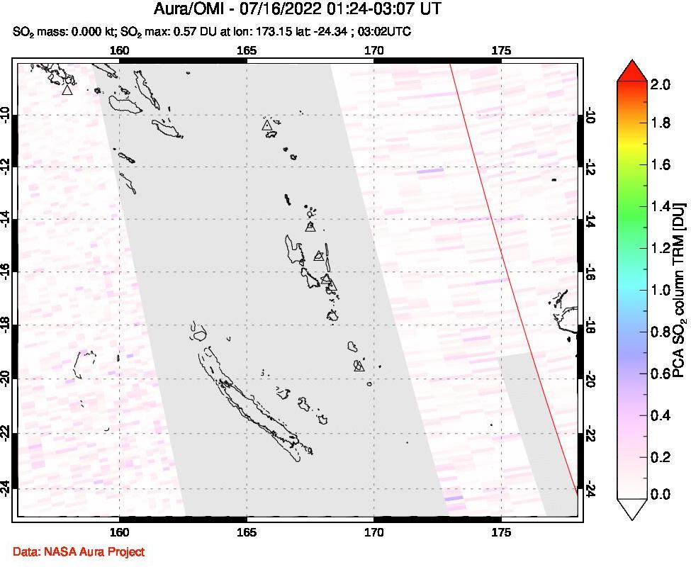 A sulfur dioxide image over Vanuatu, South Pacific on Jul 16, 2022.