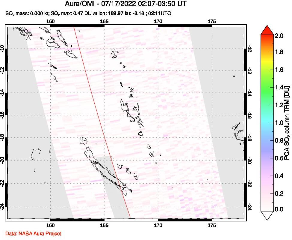 A sulfur dioxide image over Vanuatu, South Pacific on Jul 17, 2022.