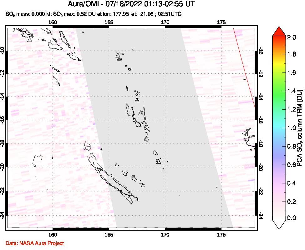 A sulfur dioxide image over Vanuatu, South Pacific on Jul 18, 2022.