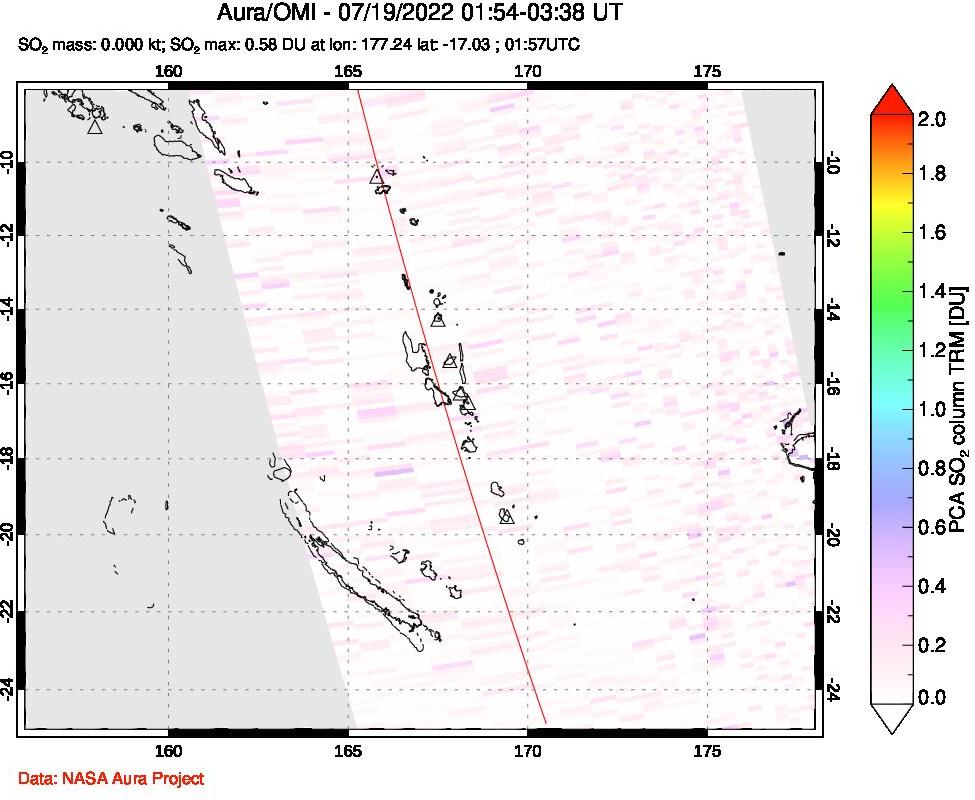 A sulfur dioxide image over Vanuatu, South Pacific on Jul 19, 2022.