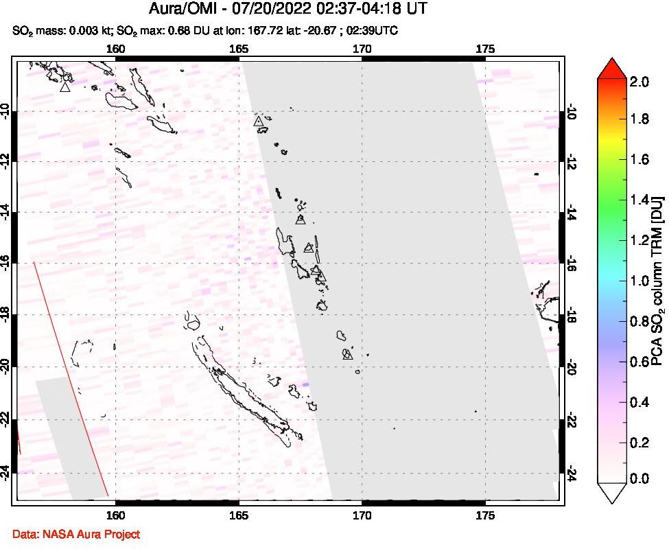 A sulfur dioxide image over Vanuatu, South Pacific on Jul 20, 2022.