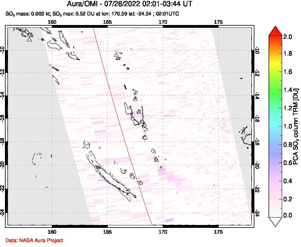 A sulfur dioxide image over Vanuatu, South Pacific on Jul 26, 2022.