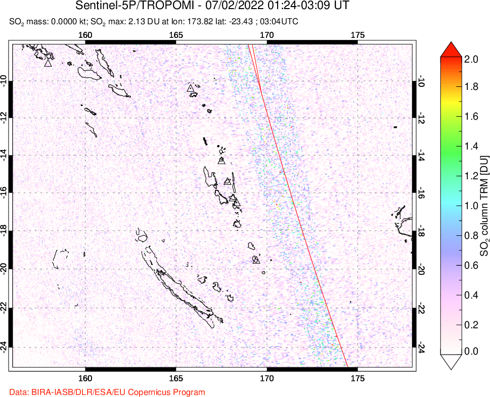 A sulfur dioxide image over Vanuatu, South Pacific on Jul 02, 2022.