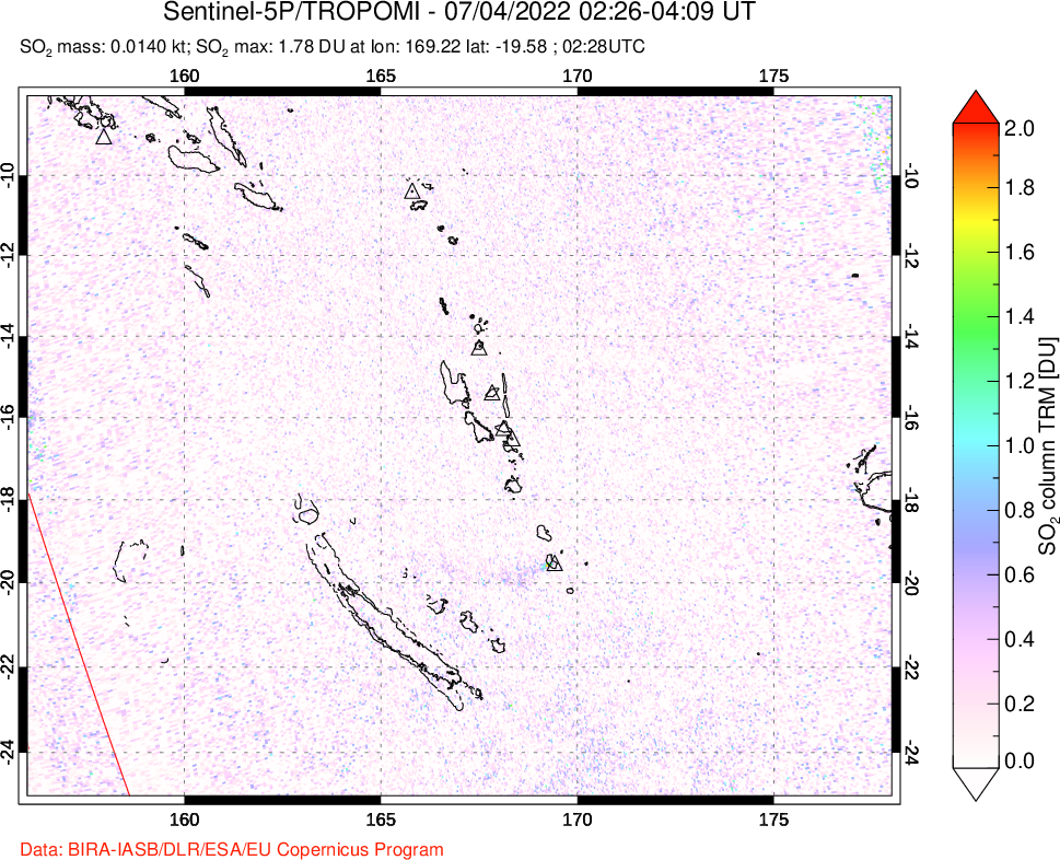 A sulfur dioxide image over Vanuatu, South Pacific on Jul 04, 2022.
