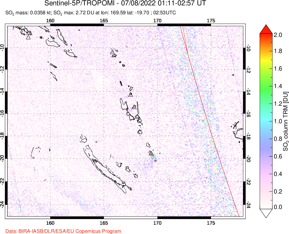 A sulfur dioxide image over Vanuatu, South Pacific on Jul 08, 2022.