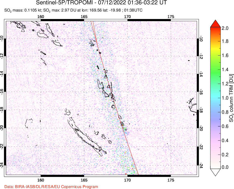 A sulfur dioxide image over Vanuatu, South Pacific on Jul 12, 2022.