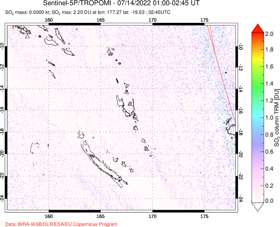 A sulfur dioxide image over Vanuatu, South Pacific on Jul 14, 2022.