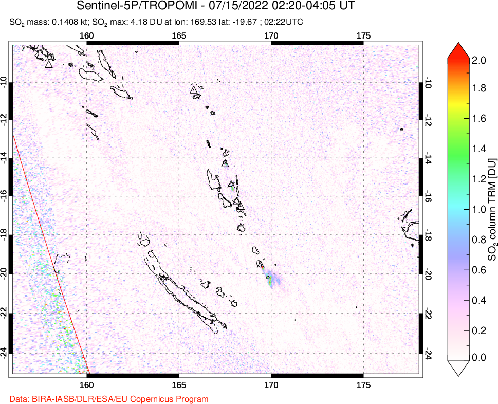 A sulfur dioxide image over Vanuatu, South Pacific on Jul 15, 2022.