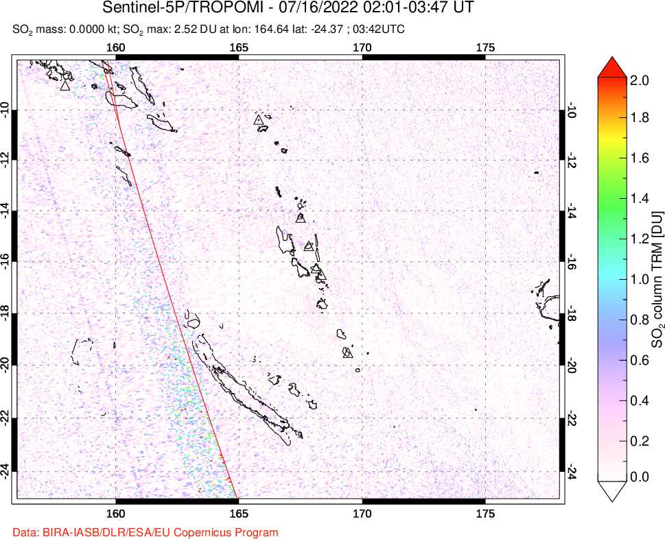 A sulfur dioxide image over Vanuatu, South Pacific on Jul 16, 2022.