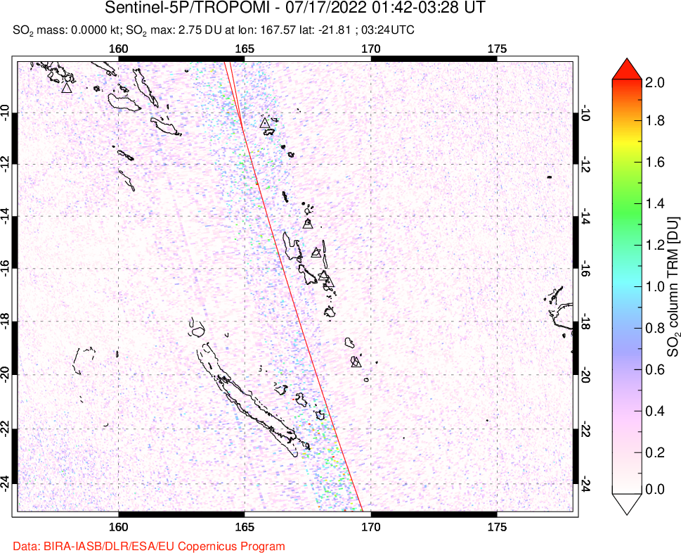 A sulfur dioxide image over Vanuatu, South Pacific on Jul 17, 2022.
