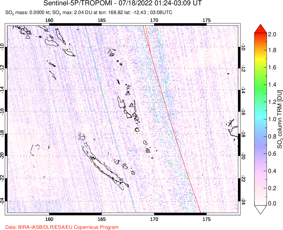 A sulfur dioxide image over Vanuatu, South Pacific on Jul 18, 2022.