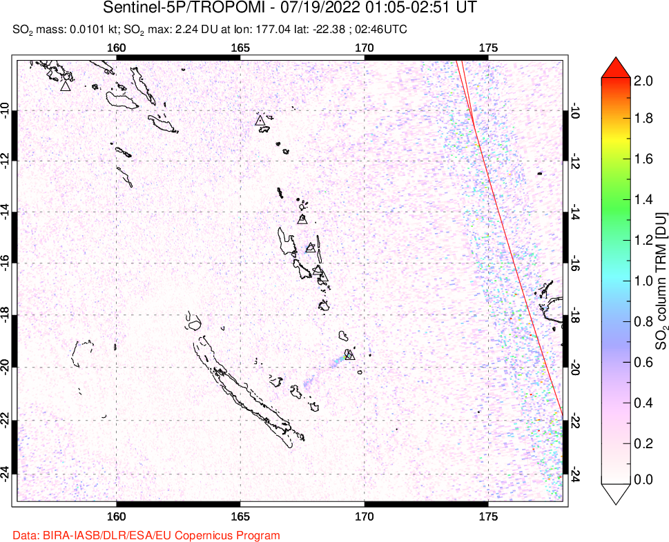 A sulfur dioxide image over Vanuatu, South Pacific on Jul 19, 2022.