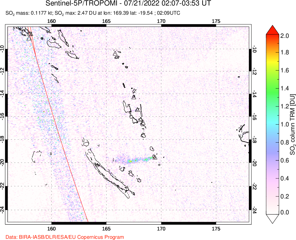A sulfur dioxide image over Vanuatu, South Pacific on Jul 21, 2022.