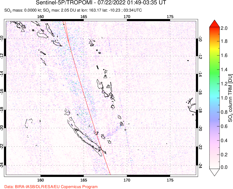 A sulfur dioxide image over Vanuatu, South Pacific on Jul 22, 2022.