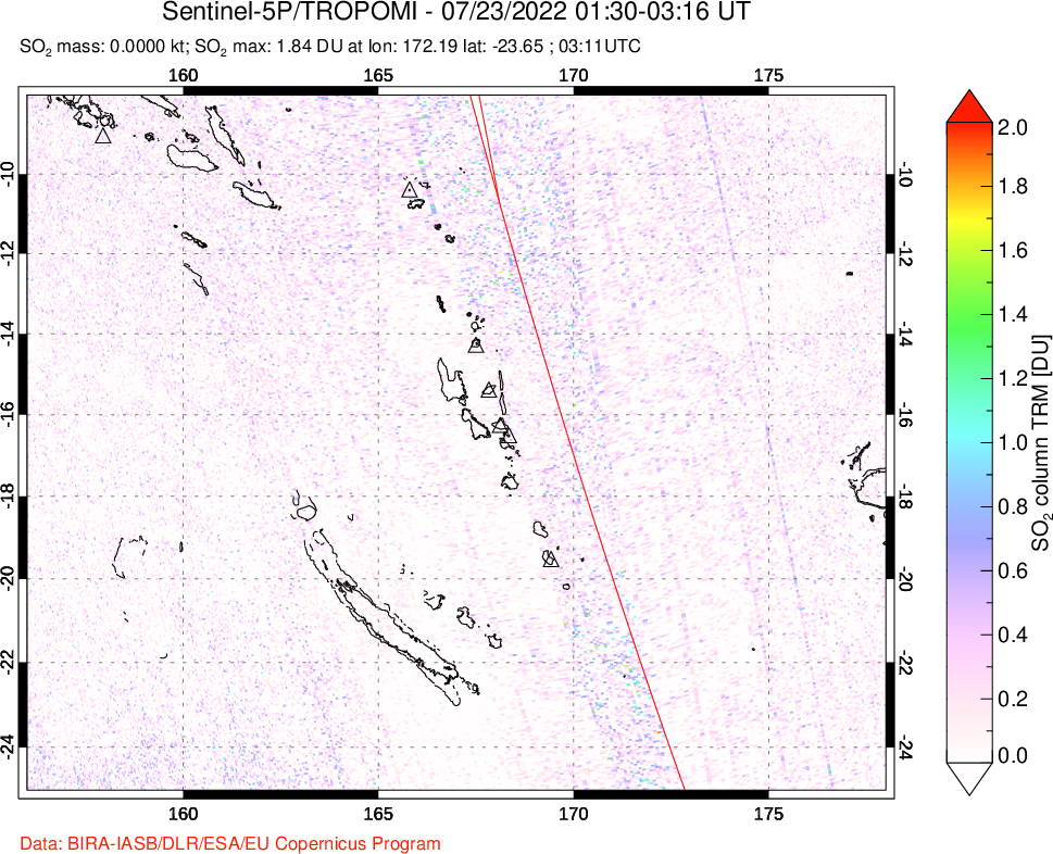 A sulfur dioxide image over Vanuatu, South Pacific on Jul 23, 2022.