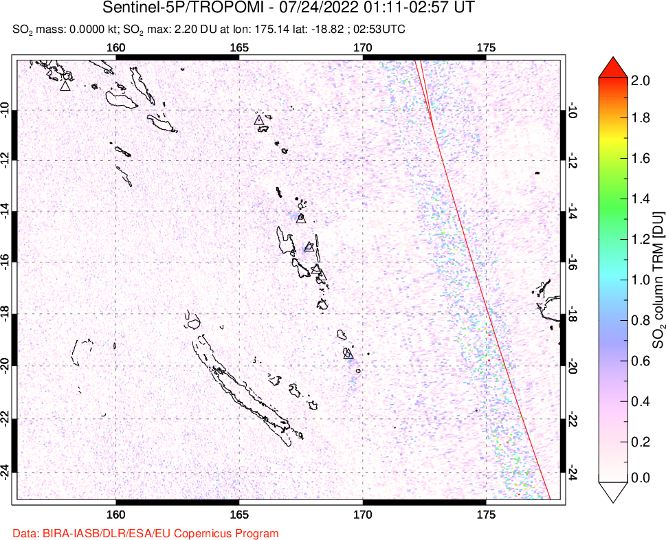 A sulfur dioxide image over Vanuatu, South Pacific on Jul 24, 2022.