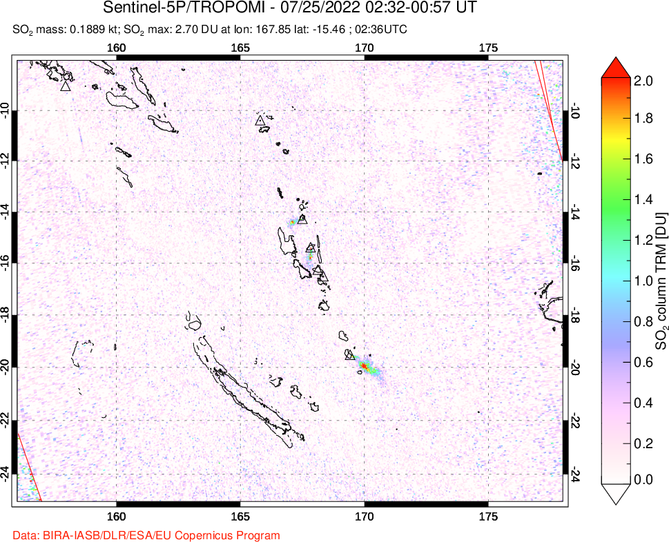 A sulfur dioxide image over Vanuatu, South Pacific on Jul 25, 2022.