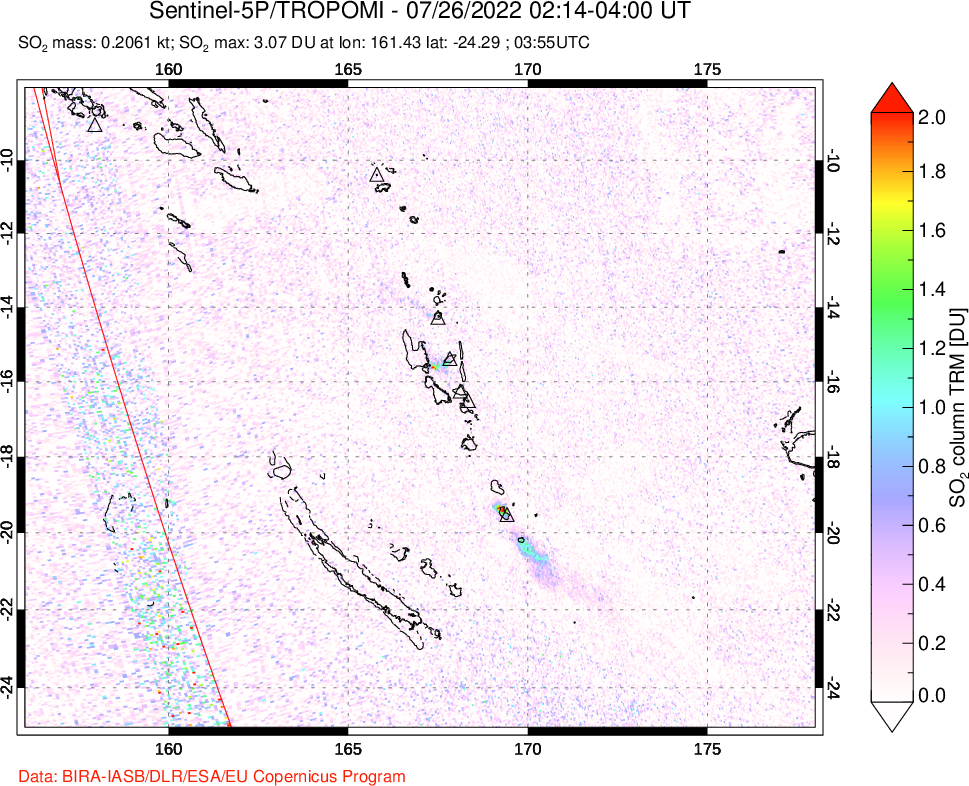 A sulfur dioxide image over Vanuatu, South Pacific on Jul 26, 2022.