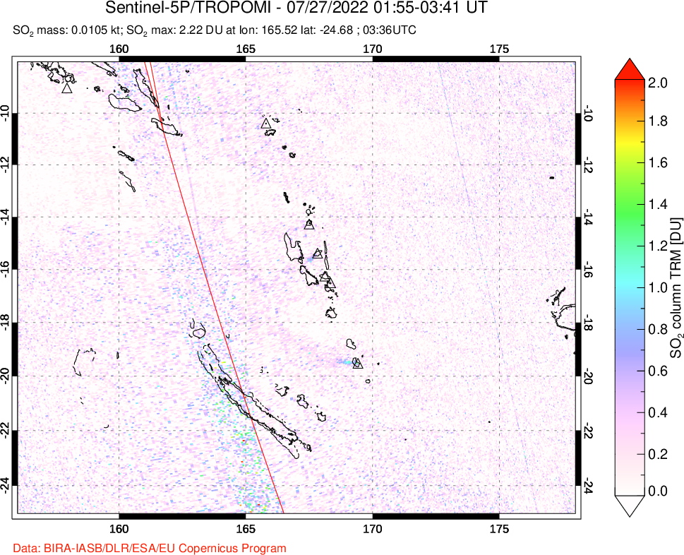 A sulfur dioxide image over Vanuatu, South Pacific on Jul 27, 2022.