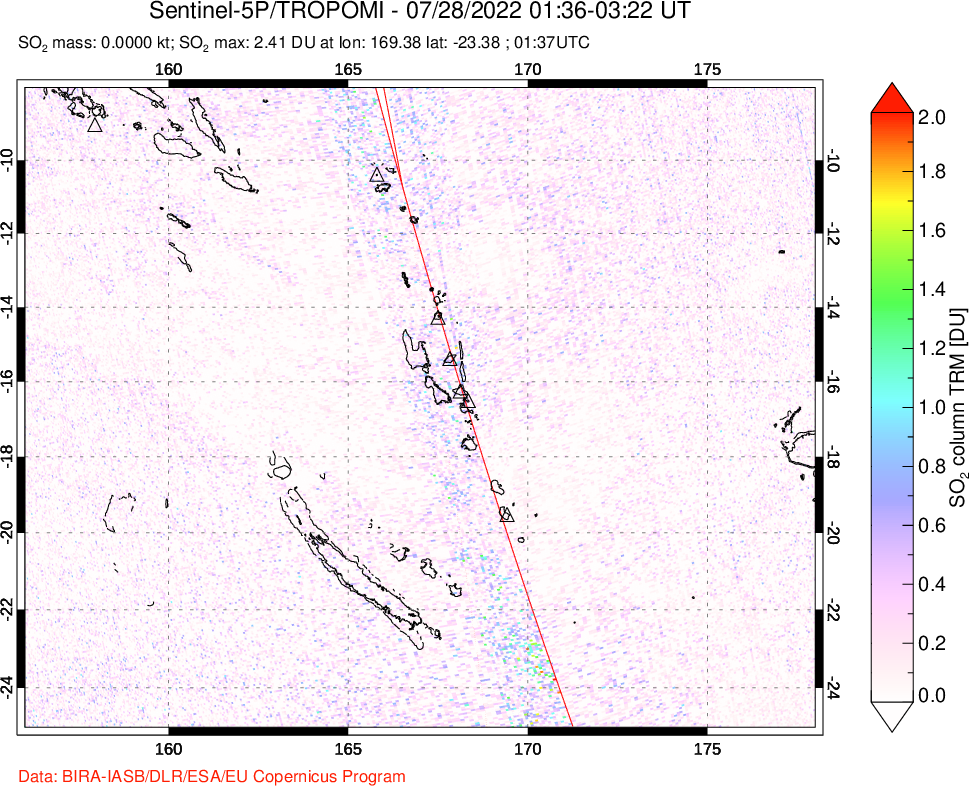 A sulfur dioxide image over Vanuatu, South Pacific on Jul 28, 2022.