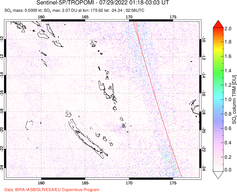 A sulfur dioxide image over Vanuatu, South Pacific on Jul 29, 2022.