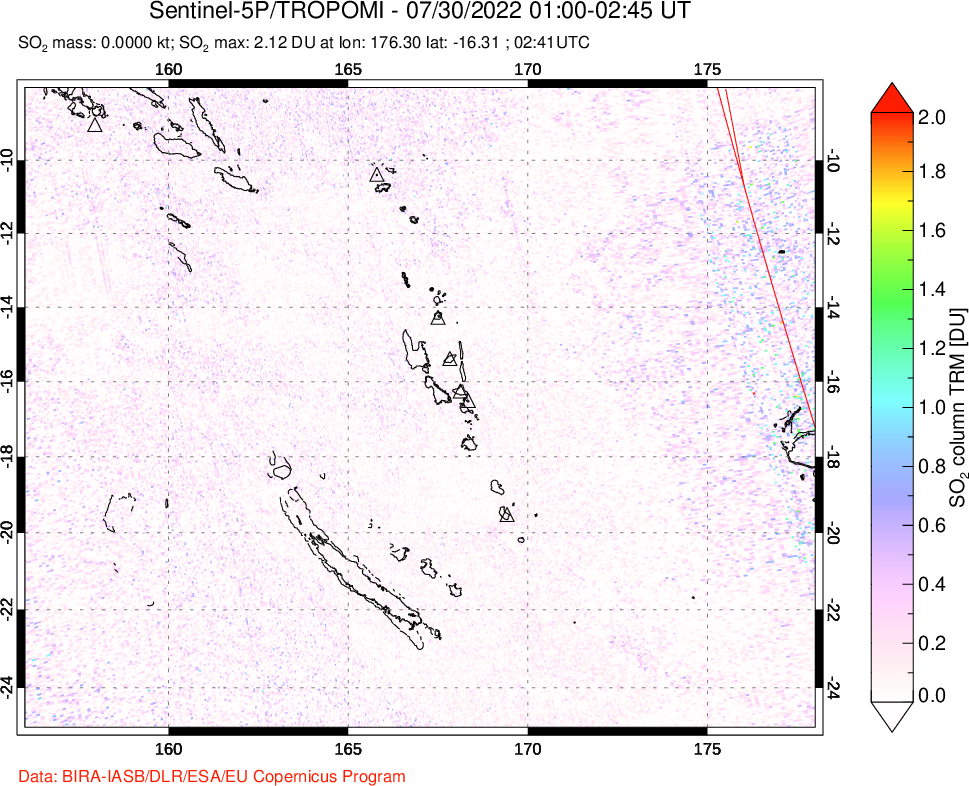 A sulfur dioxide image over Vanuatu, South Pacific on Jul 30, 2022.