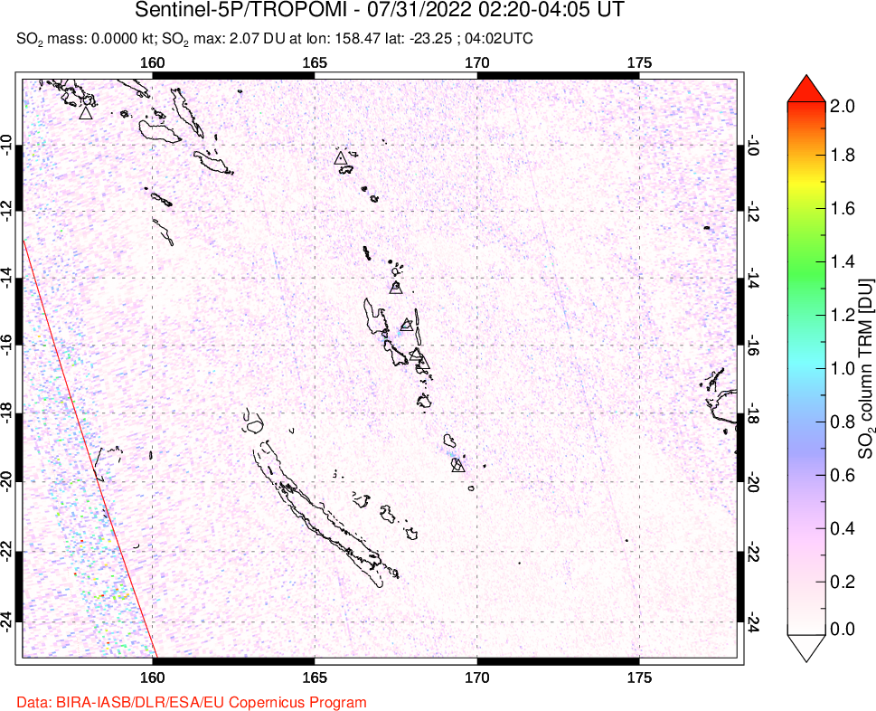 A sulfur dioxide image over Vanuatu, South Pacific on Jul 31, 2022.