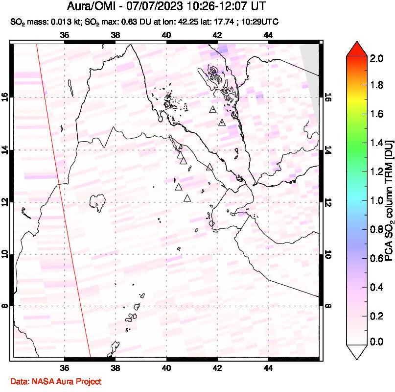 A sulfur dioxide image over Afar and southern Red Sea on Jul 07, 2023.