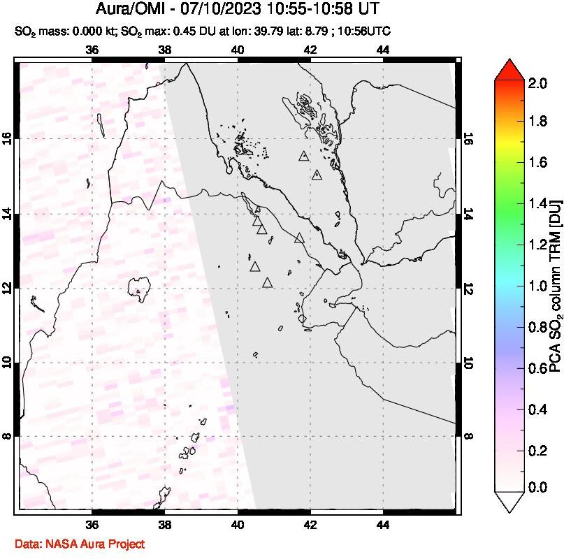 A sulfur dioxide image over Afar and southern Red Sea on Jul 10, 2023.