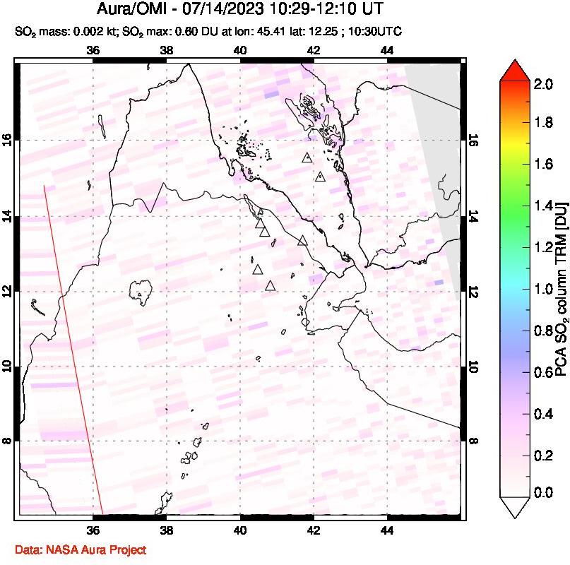 A sulfur dioxide image over Afar and southern Red Sea on Jul 14, 2023.