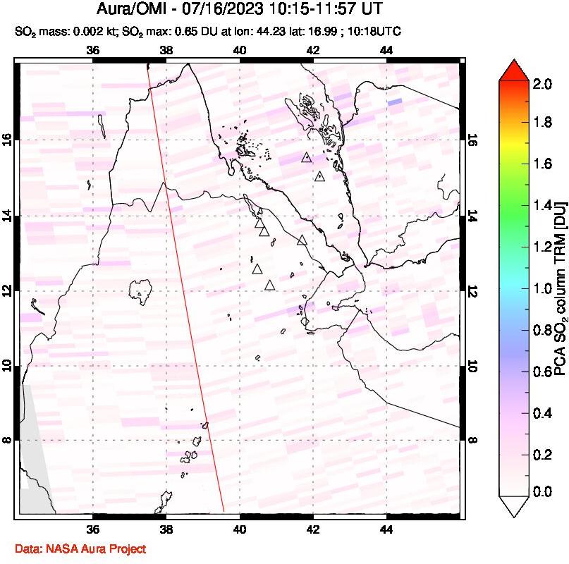 A sulfur dioxide image over Afar and southern Red Sea on Jul 16, 2023.