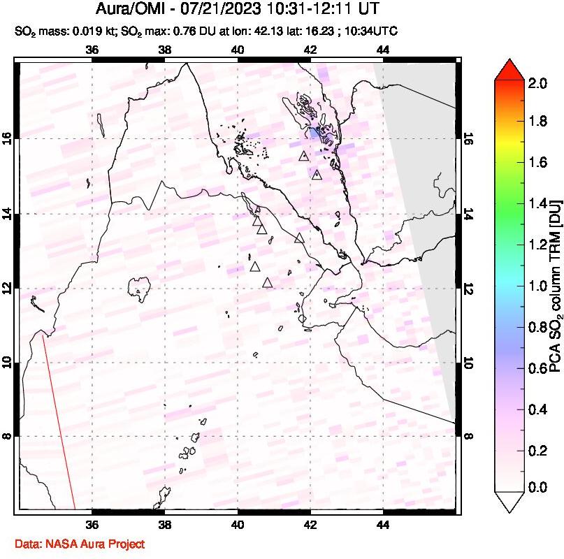 A sulfur dioxide image over Afar and southern Red Sea on Jul 21, 2023.