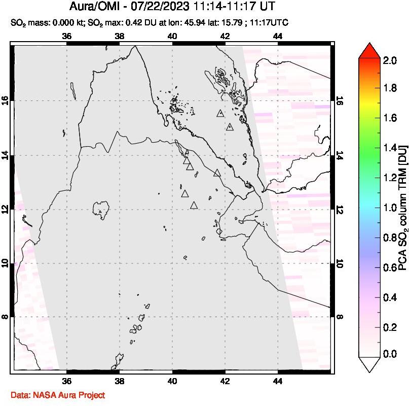 A sulfur dioxide image over Afar and southern Red Sea on Jul 22, 2023.