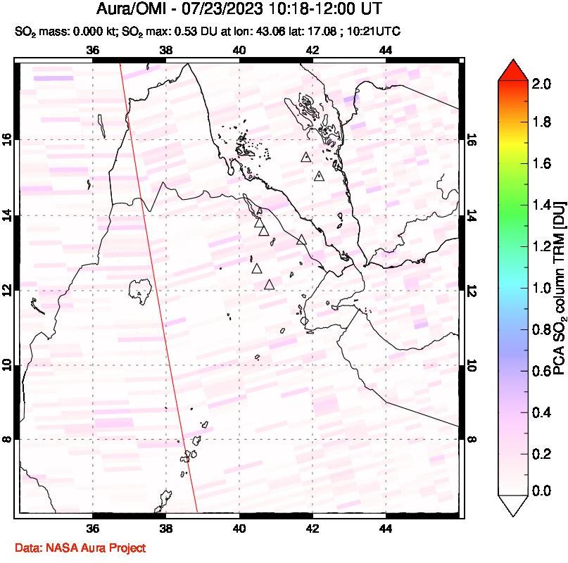 A sulfur dioxide image over Afar and southern Red Sea on Jul 23, 2023.