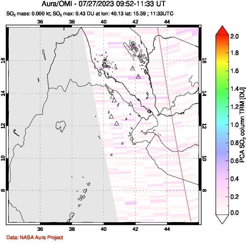 A sulfur dioxide image over Afar and southern Red Sea on Jul 27, 2023.