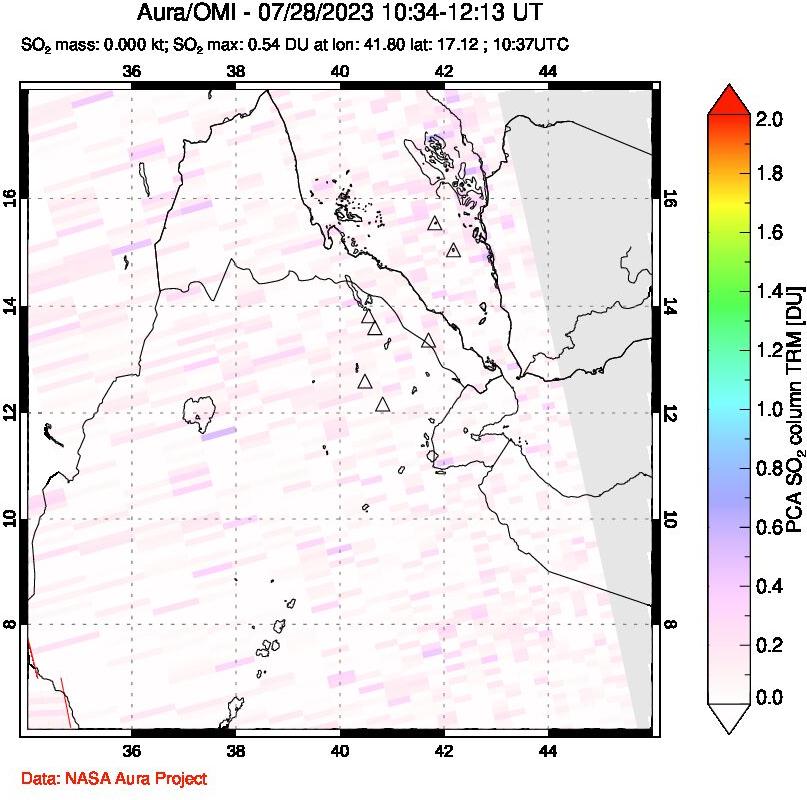A sulfur dioxide image over Afar and southern Red Sea on Jul 28, 2023.