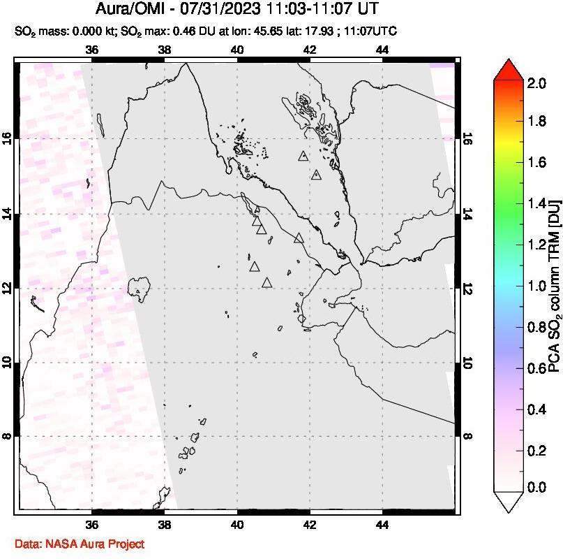 A sulfur dioxide image over Afar and southern Red Sea on Jul 31, 2023.
