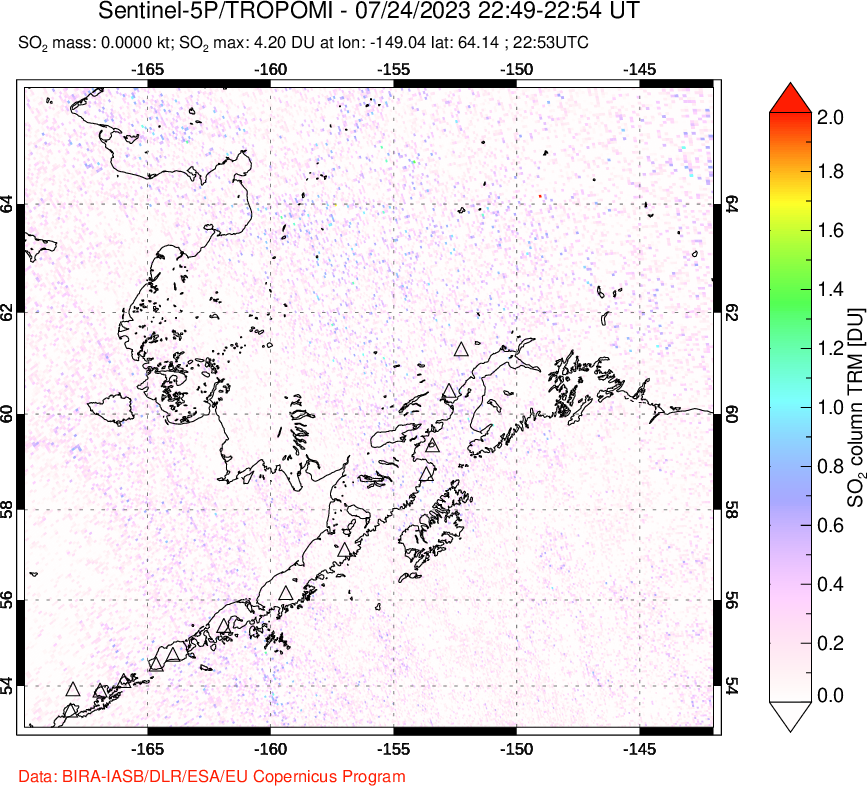 A sulfur dioxide image over Alaska, USA on Jul 24, 2023.