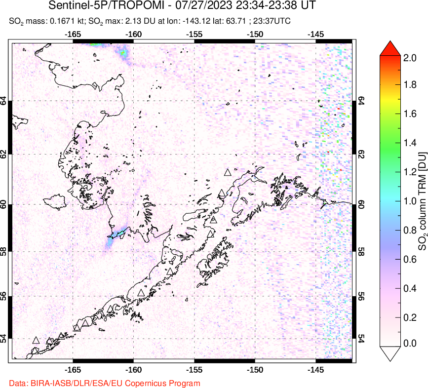 A sulfur dioxide image over Alaska, USA on Jul 27, 2023.