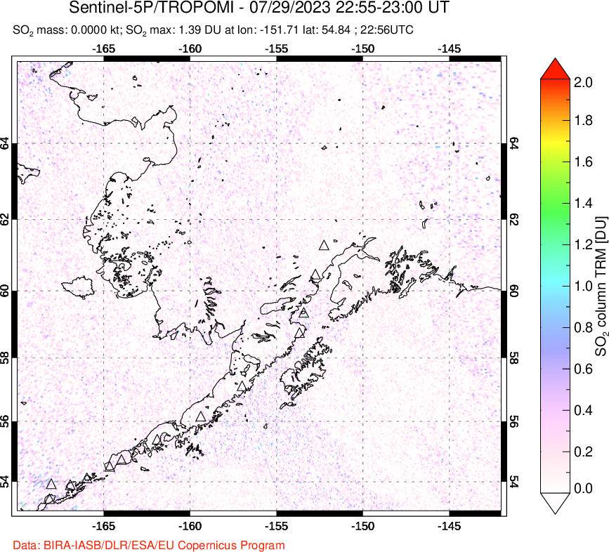 A sulfur dioxide image over Alaska, USA on Jul 29, 2023.