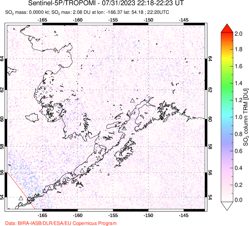 A sulfur dioxide image over Alaska, USA on Jul 31, 2023.