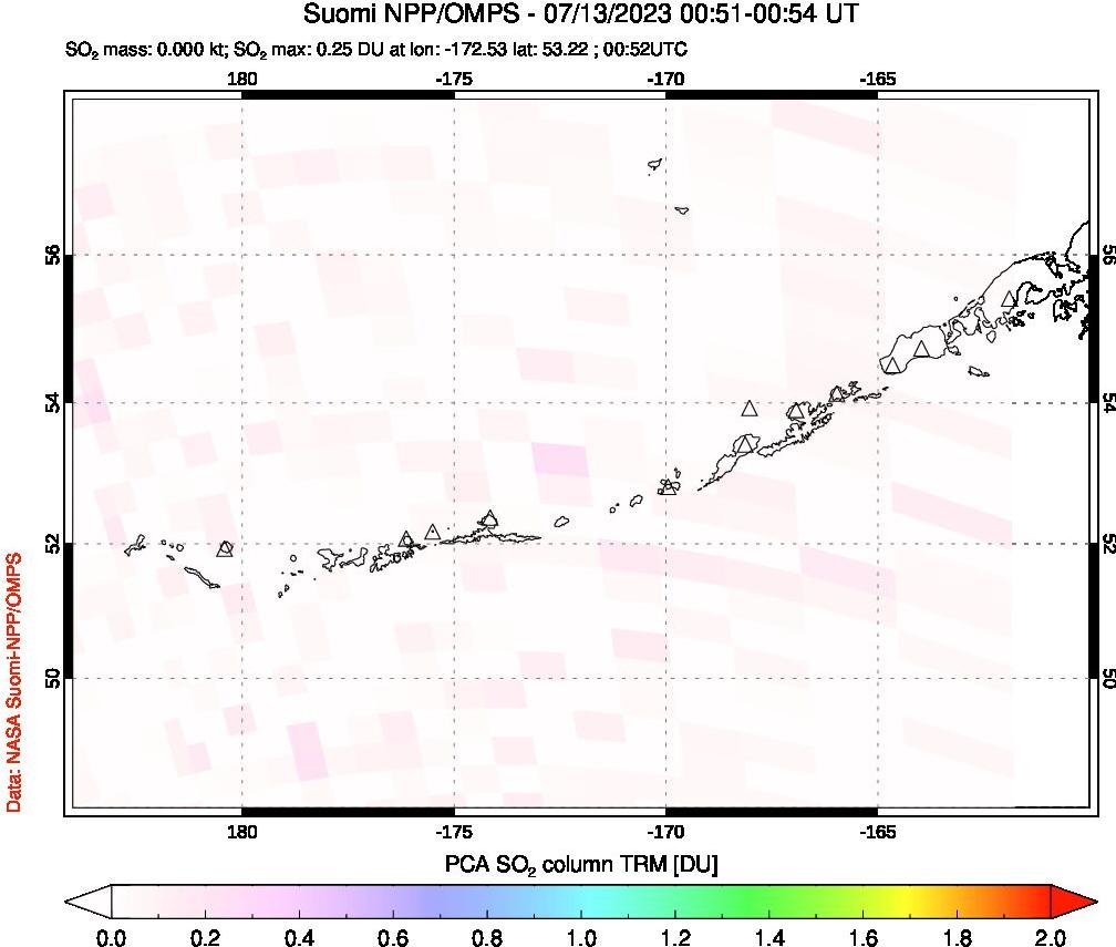 A sulfur dioxide image over Aleutian Islands, Alaska, USA on Jul 13, 2023.