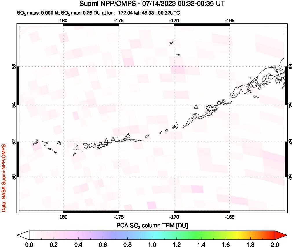 A sulfur dioxide image over Aleutian Islands, Alaska, USA on Jul 14, 2023.
