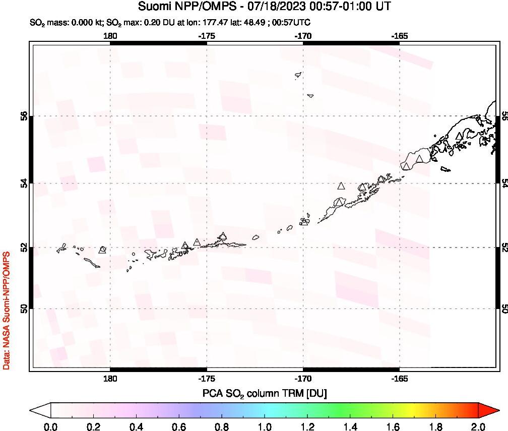 A sulfur dioxide image over Aleutian Islands, Alaska, USA on Jul 18, 2023.