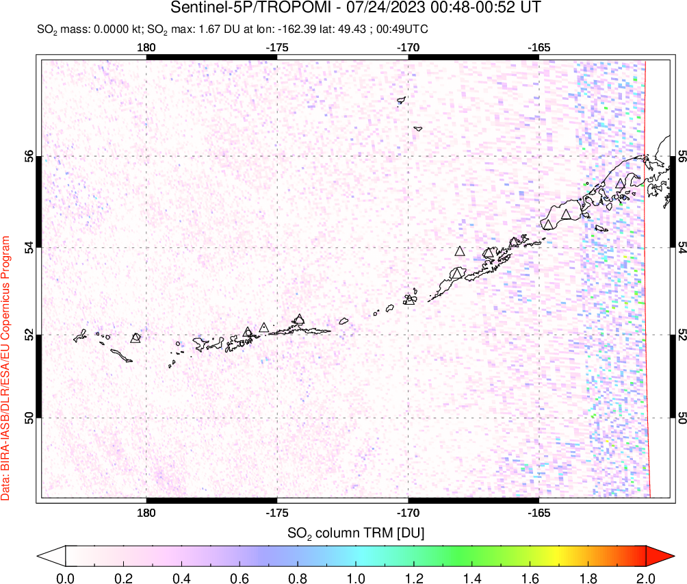 A sulfur dioxide image over Aleutian Islands, Alaska, USA on Jul 24, 2023.