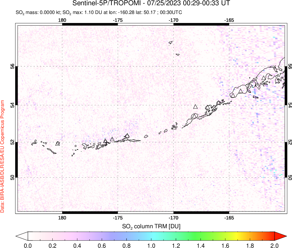 A sulfur dioxide image over Aleutian Islands, Alaska, USA on Jul 25, 2023.