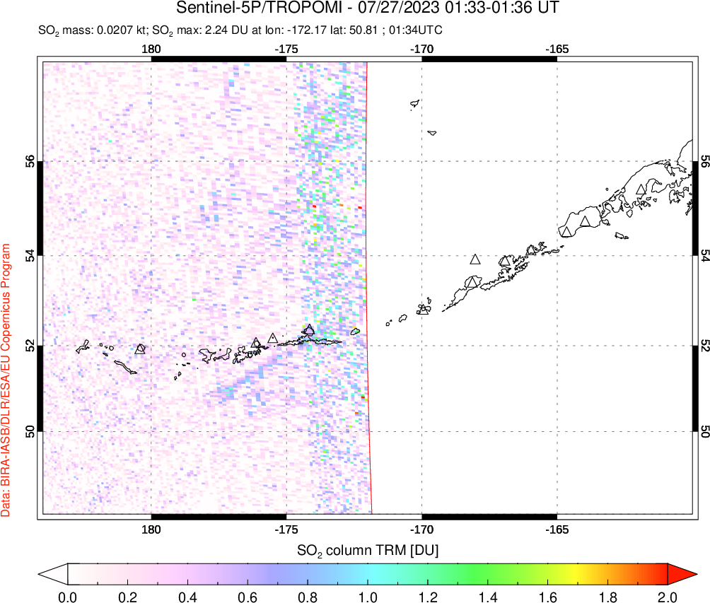 A sulfur dioxide image over Aleutian Islands, Alaska, USA on Jul 27, 2023.